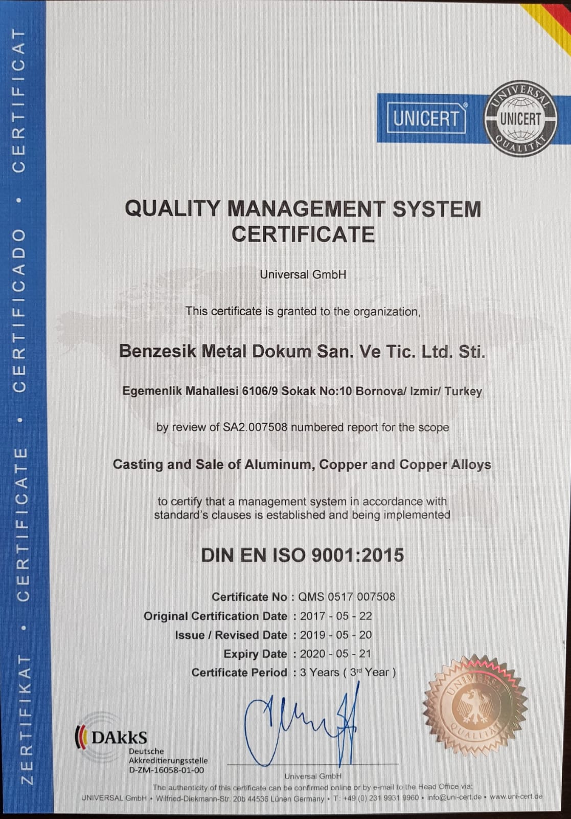 Quality Management System Certificate